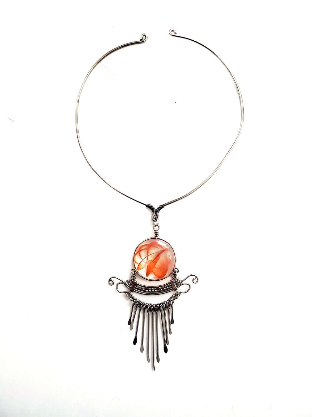 Handcrafted Silver Necklace with Orange Glass Pendant